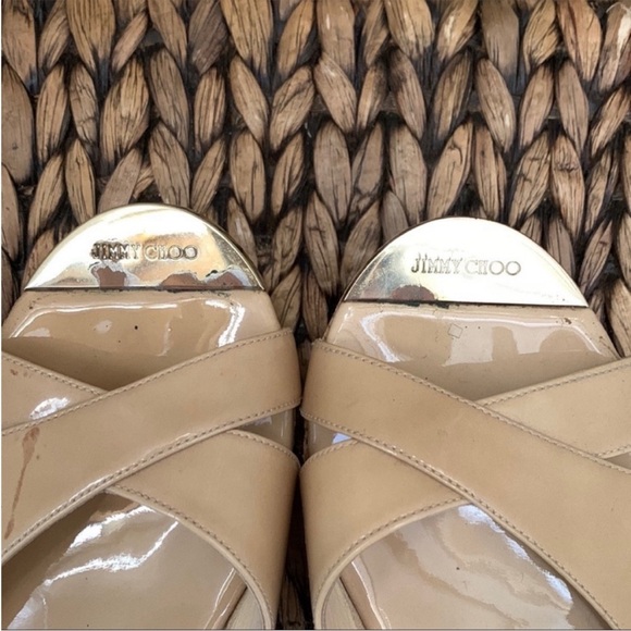 Jimmy Choo Prima Patent Leather Cork Wedge Sandal in Nude - Picture 8 of 15